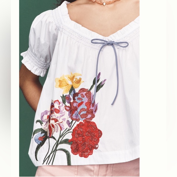 Nwt puffed sleeve tie front embroidered blouse anthro - Picture 5 of 10